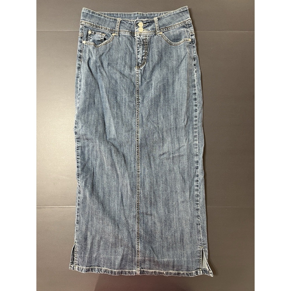 Vintage Y2K Revolt Denim Skirt Gold Stitching Light Wash Size 8